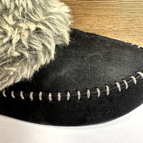Suede Fur Lined Moccasin Slippers Womens SZ 6 Black Cozy Winter Bow Loungewear - Picture 5 of 7